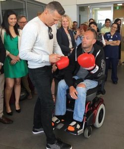 Danny Green at Liverpool Hospital with Kent Lipman, who suffers from Motor Neurone Disease.