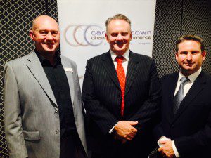 Rick Fitzpatrick, the chamber president, Mark Latham and Greg Warren, chamber vice president and Labor Party candidate for Campbelltown at the next state election.  
