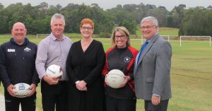 Liberal Senator for Western Sydney, Marise Payne, centre, is encouraging Macarthur locals to provide feedback on sporting facilities in need of an upgrade.