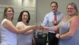 celebrating an e-conveyancing settlement are members of the conveyancing team from Marsdens Law Group, from left, Melissa Muscat, Sharon Ladkin of PEXA, Peter Crittenden and Kirstan Antony.