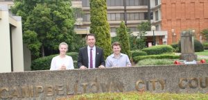 Campbelltown Council trainees Lily Whitfield and Lachlan Cato with Mayor of Campbelltown, Cr George Brticevic.