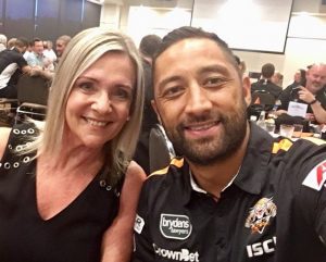 Benji Marshall and Sue Scobie, of MWLP at the Wests Tigers Macarthur community dinner