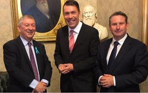 Mayor of Campbelltown, George Brticevic, centre, with Labor MLC Peter Primrose, left, and MP Greg Warren, during a recent visit to state parliament.