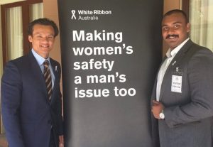 Akshay “Raj’’ Kumar, right, keynote speaker at the NSW Parliament 2016 White Ribbon Morning Tea, catches up with local MP, Anoulack Chanthivong.
