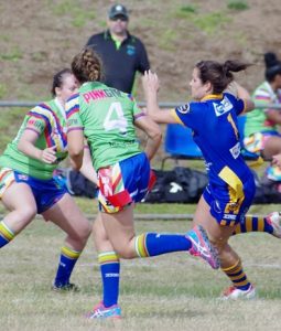 Action from the League Tag match between Campbelltown and Mt Annan Barbarians yesterday Fullwood Reserve. The City women won 12-6 to move to equal first on the ladder.