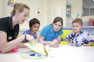 Paediatric team leader Jennie Cusiter with occupational therapist Jenny Seage and a couple of local youngsters.