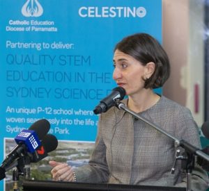 Gladys Berejiklian yesterday announcing the establishment of a STEM school at Sydney Science Park in Luddenham.