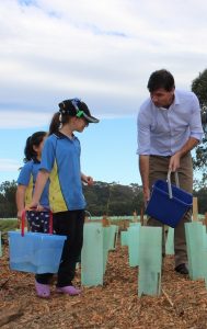 Angus Taylor helping the Girl Guides at last year’s National Tree Day community planting event at Camden’s Rotary Cowpasture Reserve.