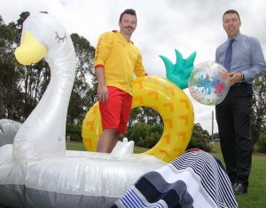Let’s make a splash: Mayor of Campbelltown, Cr George Brticevic and Gordon Fetterplace aquatic centre team leader Mitchell Faulkner get set for summer fun at Bradbury Oval.