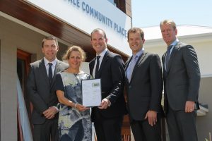 Mayor of Campbelltown, Cr George Brticevic; Romilly Madew, CEO of the Green Building Council of Australia; Andrew Whitson, CEO Residential at Stockland; NSW Environment Minister Mark Speakman; Gavin Tonnet